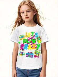 Boys' Retro 80s Neon Graphic T-Shirt - Glowing Cassette Tape & 's Cube Design, Let's Go Crazy 80s Party Outfit, Casual Round Neck Tee For Themed Events & Casual Attire (Machine Washable) - White Base With Neon Colors, Stretchy Comfortable Fabric, Playful Retro Gaming & Pop Culture Graphics, All-Season Wear For Boys - 白色 - 查看 8