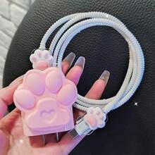 4pcs Cute Silicone Pink Cat Paw Cable Protector For IPhone 15/14 Pro Max/13/12, Fast Charging Anti-Breakage, Cute Gift - Pink - View 1