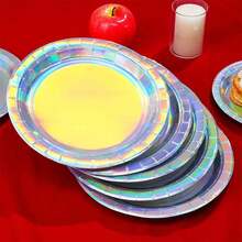 10/50/100pcs Rainbow Color Paper Plates, 7 Inch/9 Inch Round Disposable Party Plates, Holographic Rainbow Color Dessert Plates For Birthday, Baby Shower, Wedding, Dinner, Picnic