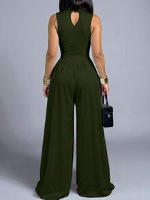 Palazzo casual cuello redondo alzado cintura ajustada detalle fruncido sin manga pierna amplia suelta mujer verano otoño comodidad frescura - Verde militar - Ver 3