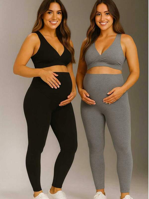Kit 2 legging gestante preto + cinza mescla alto conforto sustentação roupa maternidade calça grávida