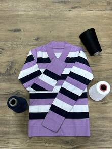 Women's Cold Weather Blouse | Women's Striped Long Sleeve Blouse | Striped V-Neck Blouse | Stripes - 紫丁香色 - 查看 6