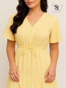 Women's Short Ruffle Dress Casual Duna Short Sleeve Midi Party Evangelical Fashion Elastic Waist. - 淡黃色 - 查看 2