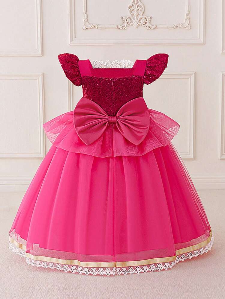 Young Girls Purple Sequin Cap Sleeve Mesh Princess Dress, Suitable For Parties - Hot Pink - View 4