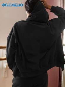 GEMCHO 女士休闲宽松开襟落肩抽绳连帽卫衣外套，带口袋，适合日常通勤/休闲外出/居家/运动，保暖舒适 - 秋冬黑色春季运动款 - 黑色 - 查看 2