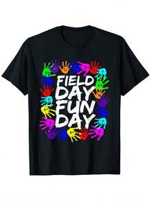 Camiseta de algodón negra de 180 g con cuello redondo y manga corta para mujer, con estampado de manos y texto "Field Day Fun Day". Estampado colorido e informal, ideal para actividades al aire libre. Cómoda y elegante para usar a diario. - Negro - Ver 2