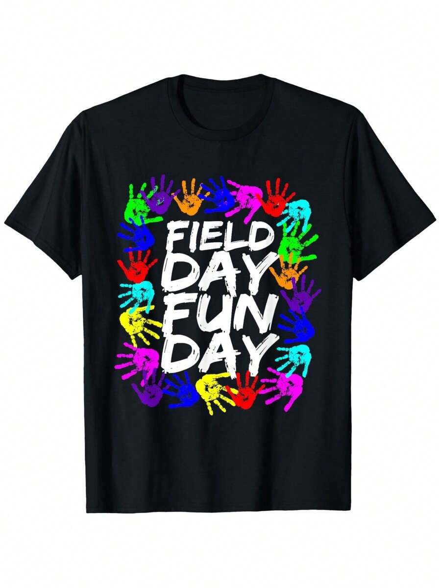 Camiseta de algodón negra de 180 g con cuello redondo y manga corta para mujer, con estampado de manos y texto "Field Day Fun Day". Estampado colorido e informal, ideal para actividades al aire libre. Cómoda y elegante para usar a diario.