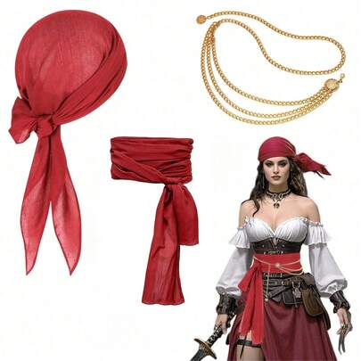 3 Pieces Medieval Pirate Costume And Accessory Set, Pirate Captain Costume And Accessory Women's Pirate Costume Including Pirate Headscarf, Belt And Waist Necklace, Suitable For Halloween Pirate Party It Is Perfect For Pirate Costume Parties