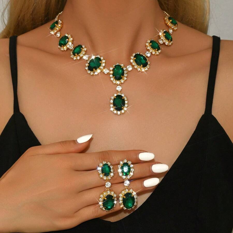 1 SET Of Elegant And Light Luxury Jewelry, A Two-Piece Set Of Engagement And Wedding Banquet Evening Dress Accessories, A Beautiful Gift For Your Girlfriend - màu xanh lá - Xem 1