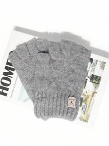 1双纯色涤纶（聚酯纤维）针织半指手套，男女通用鹿形办公室工作手套，秋冬