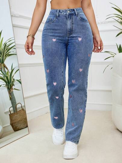 Women's Fashion Casual Plus Size Medium Wash Blue Elastic Denim Jeans With Pink Heart Embroidery, Comfortable & Soft, Suitable For Spring, Summer, Autumn, Winter