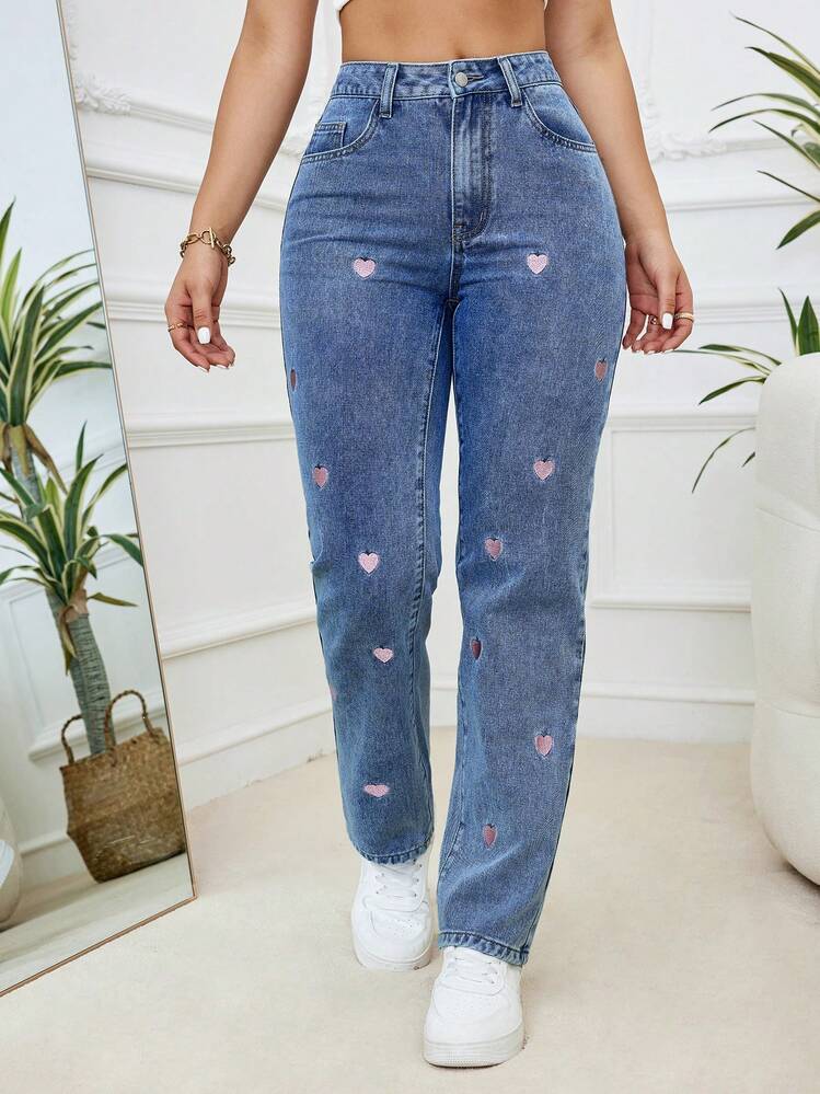 Women's Fashion Casual Plus Size Medium Wash Blue Elastic Denim Jeans With Pink Heart Embroidery, Comfortable & Soft, Suitable For Spring, Summer, Autumn, Winter - Medium Wash - View 1
