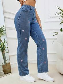 Women's Fashion Casual Plus Size Medium Wash Blue Elastic Denim Jeans With Pink Heart Embroidery, Comfortable & Soft, Suitable For Spring, Summer, Autumn, Winter - Medium Wash - View 5
