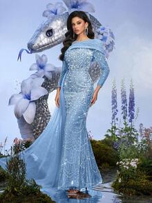 Elisanya 派对礼服香槟色亮片串珠长袖修身礼服适合晚宴、宴会、鸡尾酒会（大量装饰） - 淺藍色 - 查看 9