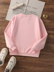 1pc Girls Casual Printed Pullover Crew Neck Sweatshirt, Student Wear, Long Sleeve, Autumn/Winter - Pink - View 4