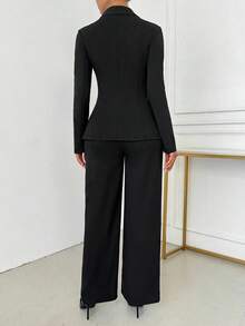 Women's Elegant Daily Commuting Solid Color Green Collar Fake Pocket Suit Jacket And Design Straight Pants Two-Piece Suit - màu đen - Xem 5