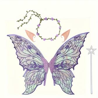 1 件/4 件仙女蝴蝶翅膀，狂欢节派对表演道具，闪亮蝴蝶翅膀婚纱天使翅膀，女士狂欢节服装配饰，金箔彩色翅膀花头饰精灵耳朵万圣节服装