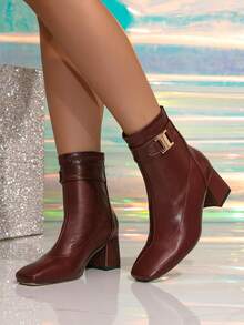 秋冬女士高跟方头中筒靴，酒红色英法风短踝靴修身靴，裸色粗跟简约百搭时尚靴，派对靴 - 酒紅色 - 查看 7