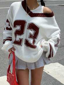 Damski top sportowy w blokach kolorów, sweter z długim rękawem i dekoltem w serek, paski w blokach kolorów, żakard ze wzorem liczbowym, do uprawiania sportu i aktywności na świeżym powietrzu, sweter damski, na siłownię i do biegania.