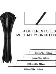 200/300/400 件装重型尼龙扎带套装 - 多尺寸（4/6/8/10 英寸）自锁式扎带，50 磅拉力强度，适用于室内外环境，可用于家庭、办公室、花园、工作室的线缆管理、棚架和捆扎，园艺工具配件，重型扎带，办公线缆整理器，汽车维修用品，旅行必备品 - 黑色 - 查看 2