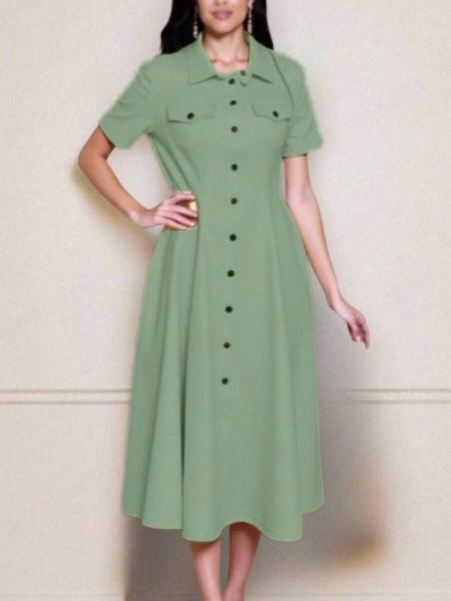 Women's Long Midi Dress With Buttons, Short Sleeves, With Pockets, Tailored Shirt, Elegant, Sensorial, Evangelical Fashion, Accentuated, Chemise 2026 - 墨綠色 - 查看 1