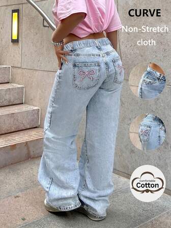 European And American Street Design Y2K Fashion Casual Bow Print Washed Plus Size Elastic Waistband Women's Straight Jeans