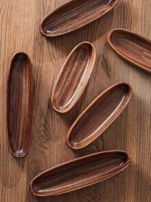 1pc日式寿司盘船形茶巾架木碗盘沙拉碗酒店用品水果小吃盘 - 棕色 - 查看 5