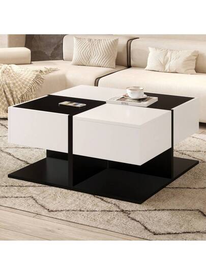 Moderne Coffee Tafel Zwart Wit 70*70*35.5 Drawers, Square Living Room Storage Space, High Gloss Zachte Drawer Rails view 9