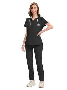 Nurse Uniforms V-Neck Top Pants Scrub Sets Surgical Workwear Dentist Nursing Suit Hospital Nurses Accessories Working Clothes - Black - View 6