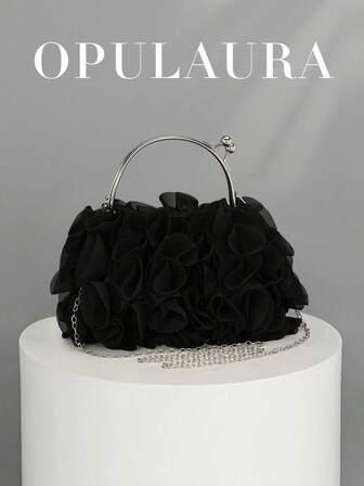 OpulAura 女士优雅花卉褶皱缎面手拿包 - 时尚雪纺花瓣手提包，配有链条肩带，适合新娘、婚礼、舞会、女生聚会、毕业派对、春晚、婚礼、鸡尾酒会和特殊场合