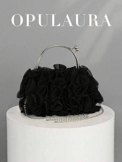 OpulAura 女士优雅花卉褶皱缎面手拿包 - 时尚雪纺花瓣手提包，配有链条肩带，适合新娘、婚礼、舞会、女生聚会、毕业派对、春晚、婚礼、鸡尾酒会和特殊场合
