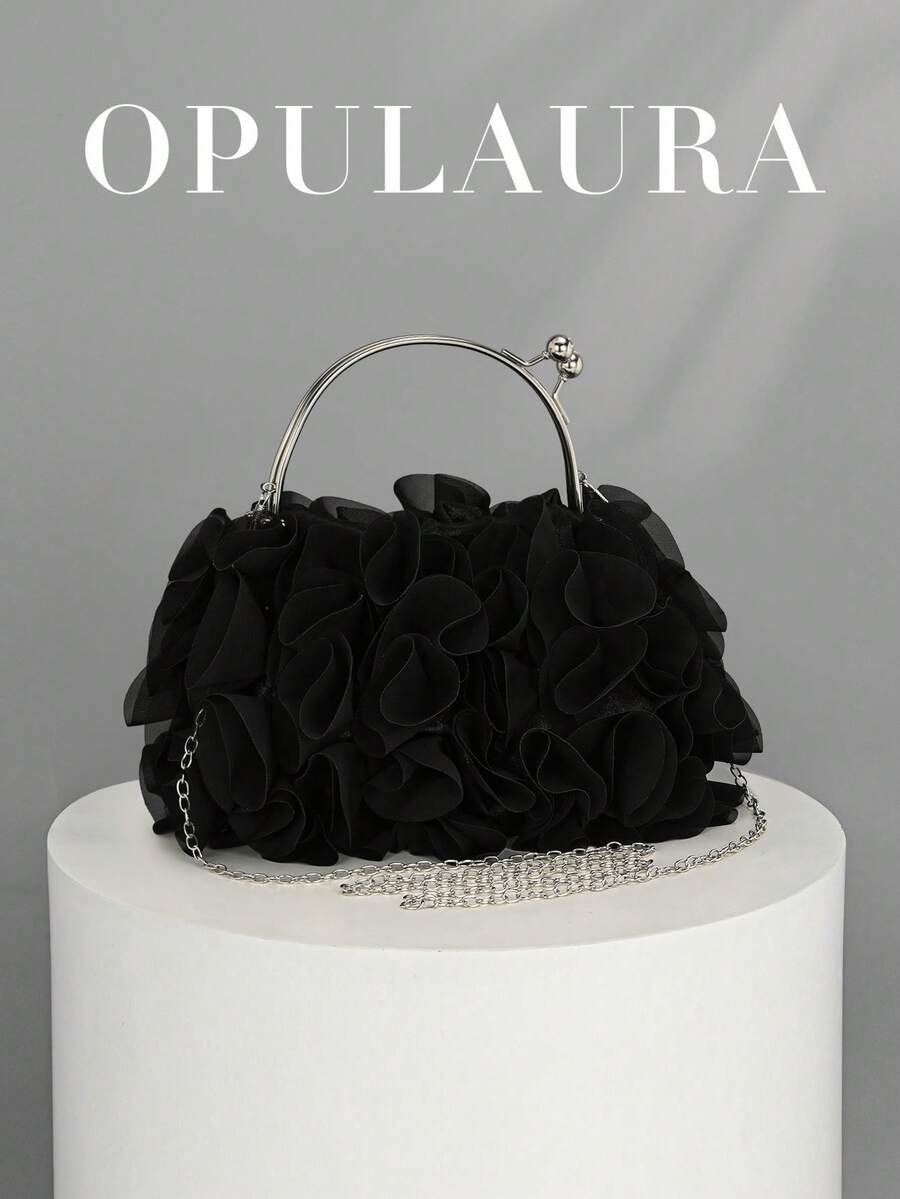 OpulAura 女士优雅花卉褶皱缎面手拿包 - 时尚雪纺花瓣手提包,配有链条肩带,适合新娘、婚礼、舞会、女生聚会、毕业派对、春晚、婚礼、鸡尾酒会和特殊场合 - 黑色 - 查看 1