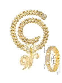 银色女士项链 A-Z 首字母个性化嘻哈经典蝴蝶字母吊坠链项链和手链套装饰物 26 个幸运字母，适合男女日常佩戴情人节时尚珠宝礼物，妈妈，母亲，母亲节，礼物 - 蝴蝶型 - 查看 37