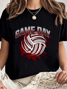 100% Cotton Volleyball Parents Team Game Day Maroon & White Art T-Shirt Summer Tees Women - 黑色 - 查看 1