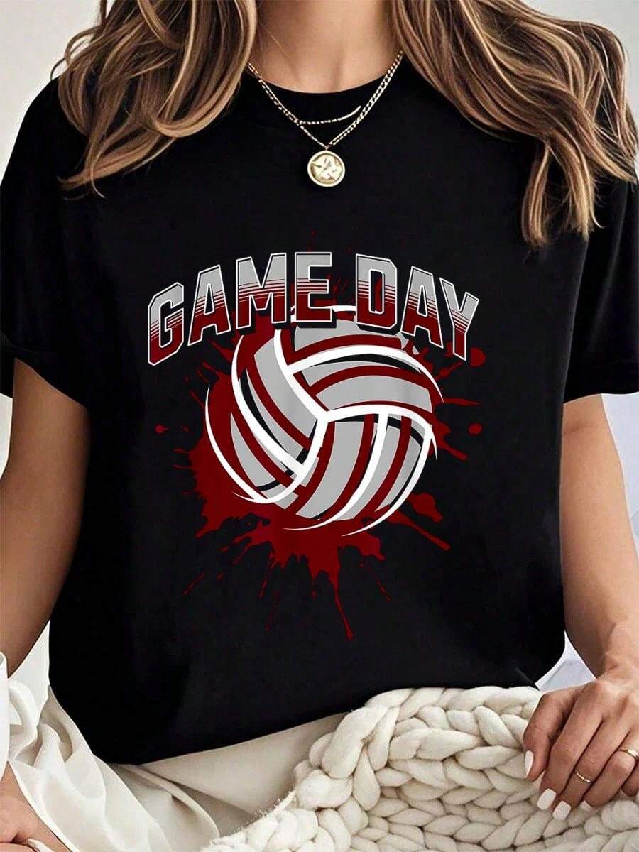 100% Cotton Volleyball Parents Team Game Day Maroon & White Art T-Shirt Summer Tees Women - 黑色 - 查看 1