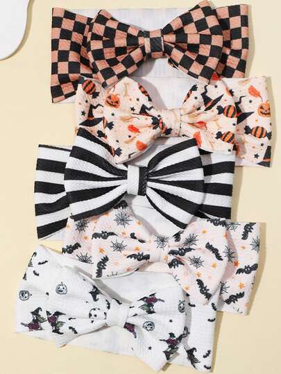 1pc Halloween Pumpkin & Bat Print Bow Headband For Baby Girls