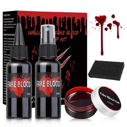 QIUFSSE Halloween Fake Blood Set – Four-Piece Set Of Fake Blood + Needle Mouth Fake Blood + Fake Blood Ointment + Sponge – Realistic Washable Fake Blood Makeup For Zombie Vampire Clown Monster Cosplay
