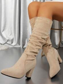 女士时尚粗跟中筒尖头褶裥靴 - 杏色 - 查看 4