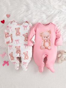 两件套女婴小熊蝴蝶结印花长袖连体衣套装，适合所有季节 - 彩色 - 查看 1