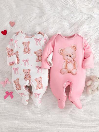 两件套女婴小熊蝴蝶结印花长袖连体衣套装，适合所有季节