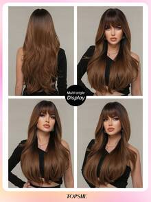 Peluca sintética tejida de 26 pulgadas con ondas rizadas y flequillo, color marrón degradado, para mujeres. Cabello sintético suave y resistente al calor, para uso diario, disfraz de Halloween, festivales y regalos.