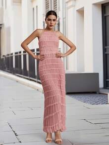 Women's Ruched Bodycon Long Dress Sleeveless Backless Solid Color Dress Cocktail Party Dress - Pink - View 7