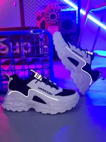 ​Men's  Black And White Chunky Sole Sneakers - Breathable Mesh Upper With Raw Hem Denim For Street Style Comfort, Year-Round Shoes​ - 白黑 - 查看 5