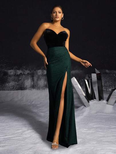 VIPGIRL Elegant Black & Green Velvet Color Block Strapless High Slit Fitted Long Formal Dress, Formal Evening Gown, Women's Ball Gown, Elegant Party Dress