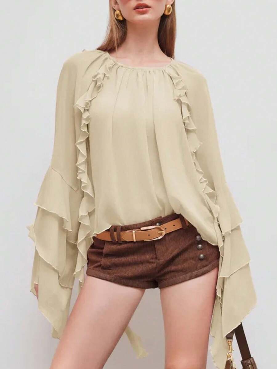Women's Lantern Long Sleeve Round Neck Dressy Casual Chiffon Asymmetrical Tops Blouse - 卡其色 - 查看 1