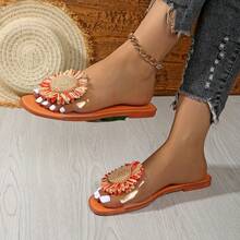 女士凉鞋，夏季鞋履，饰有花卉贴花设计，纯色优雅女士时尚休闲风格，法式浪漫风情，适合宽脚，百搭，适合派对、海滩、约会、正式场合、日常穿着，露趾设计，防滑，轻便，室内外皆宜的多功能平底拖鞋，饰有花卉图案 - 橘色 - 查看 9
