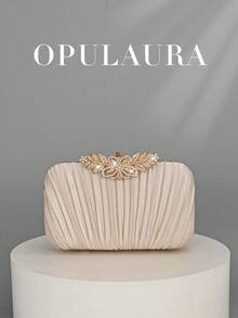 OpulAura 1 件复古优雅缎面褶皱正式派对手拿包，迷人精致的正式活动手提包，奢华盒式小钱包适合派对/婚礼/正式场合，配有可拆卸链条，可肩背或斜挎 - 杏色 - 查看 1