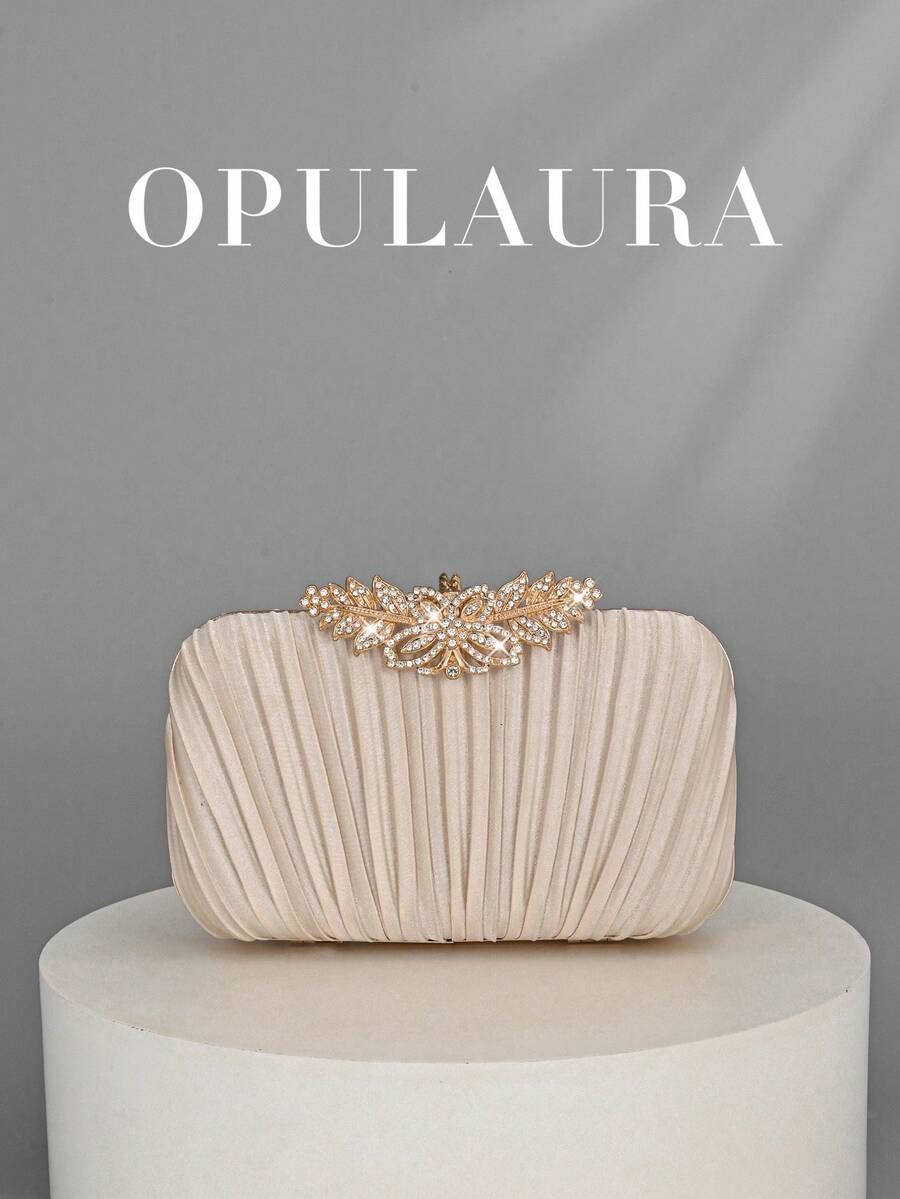 OpulAura 1 件复古优雅缎面褶皱正式派对手拿包,迷人精致的正式活动手提包,奢华盒式小钱包适合派对/婚礼/正式场合,配有可拆卸链条,可肩背或斜挎 - 杏色 - 查看 1