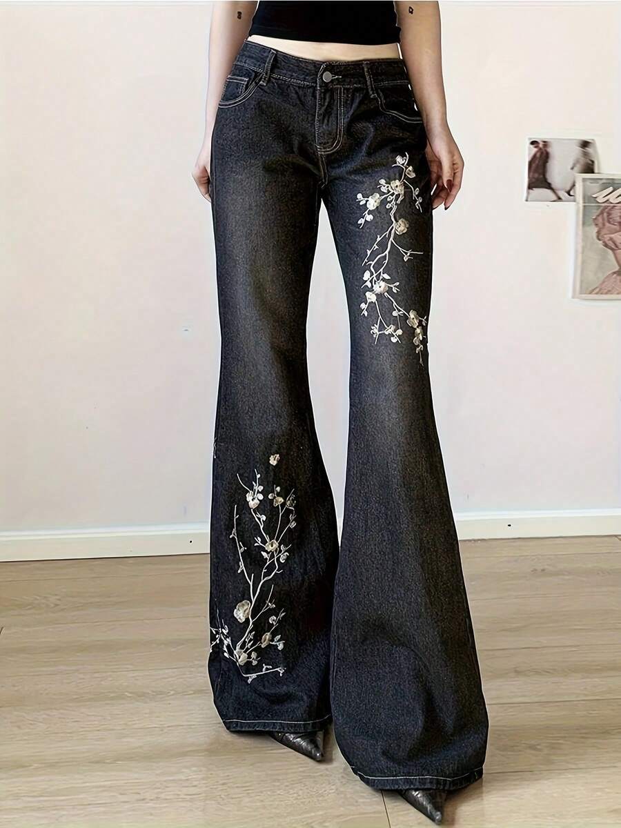 American Vintage Jeans, High Street Girls, Slimming Bootcuts, Plant Embroidered Low-Rise Trousers, Design Sense,Black Jeans,Summer Outfits For Women,Easter Outfit Women,Vacation Outfits Women. - 黑色 - 查看 1