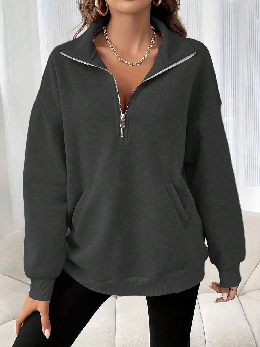 New Zipper Side Pocket Pullover Casual Long-Sleeved Round-Neck Fall-Winter Style Date And Commuting Warm-Up Hoodie - Black - View 1